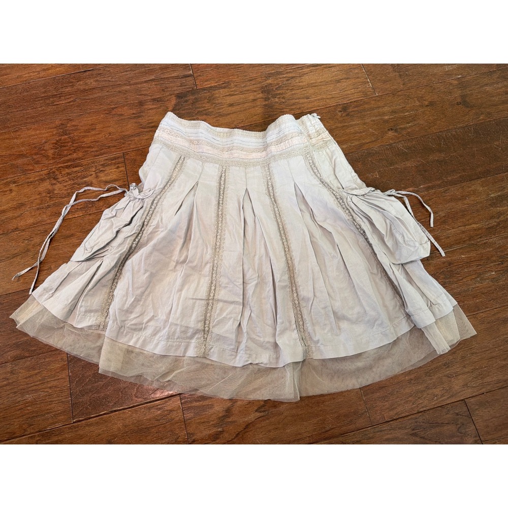 Boho Grey Cotton Lace Trim Cargo Pleated Mini Skirt Tulle Hem Small
